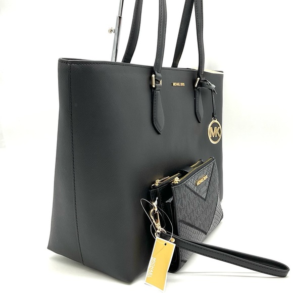 Michael Kors Bag Large Sheila Mf Tote Bag & Large Double Zip Wallet Black/Gold - Picture 4 of 14